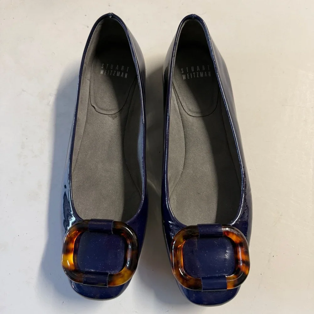 Stuart‎ Weitzman Navy Blue Patent Leather Tortoise Buckle Flats Shoes 6 M Spain